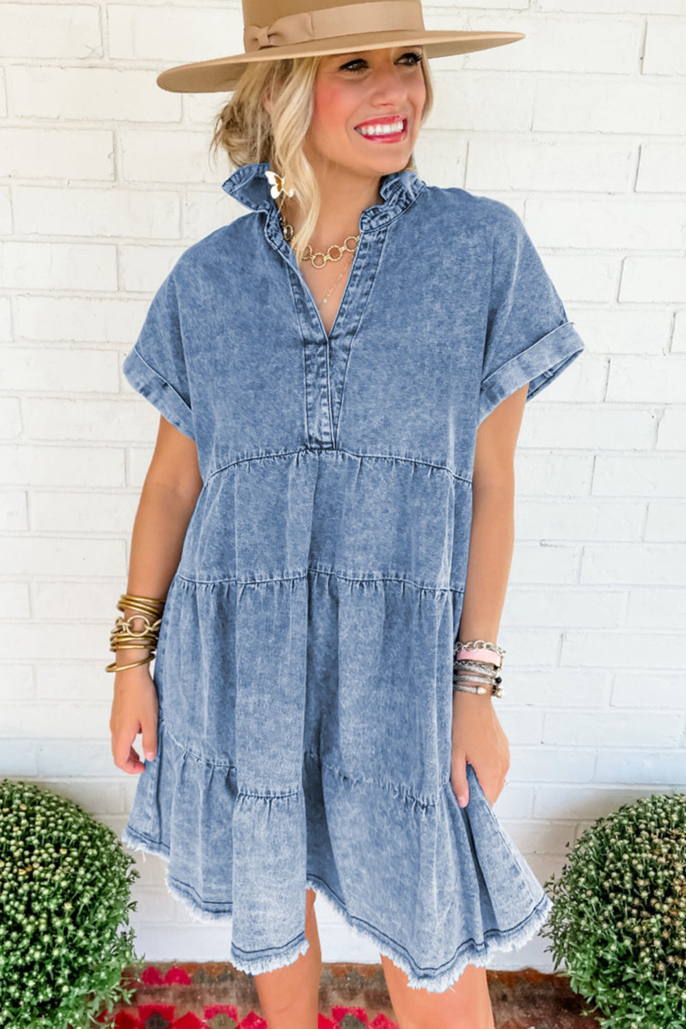 Sky Blue Denim Acid Wash V Neck Raw Hem Short Dress