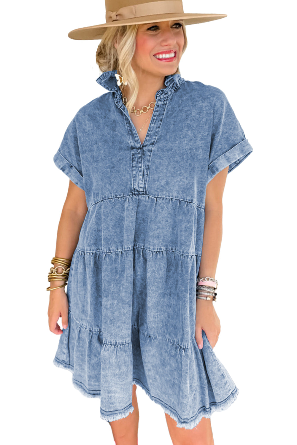 Sky Blue Denim Acid Wash V Neck Raw Hem Short Dress