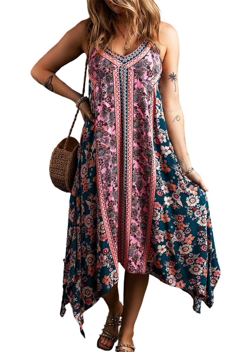 Pink Bohemian Floral Patchwork Print Midi Sundress