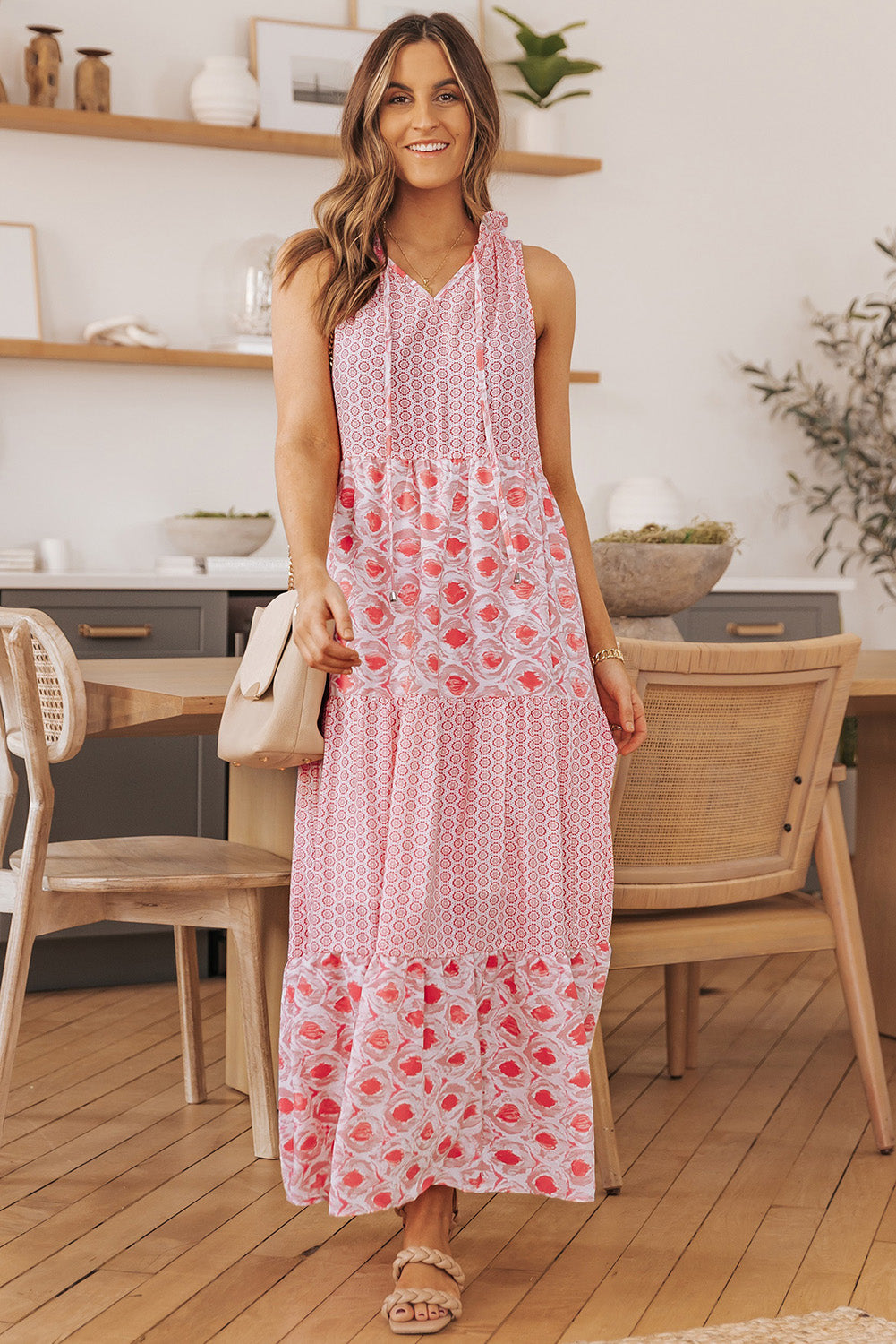 Pink Abstract Print Patchwork Sleeveless V Neck Tiered Dress