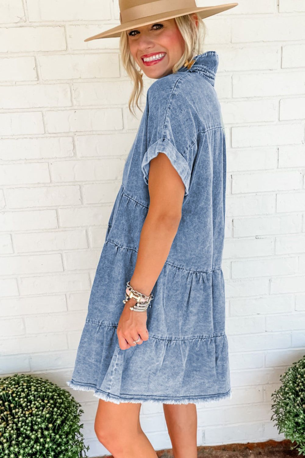 Sky Blue Denim Acid Wash V Neck Raw Hem Short Dress