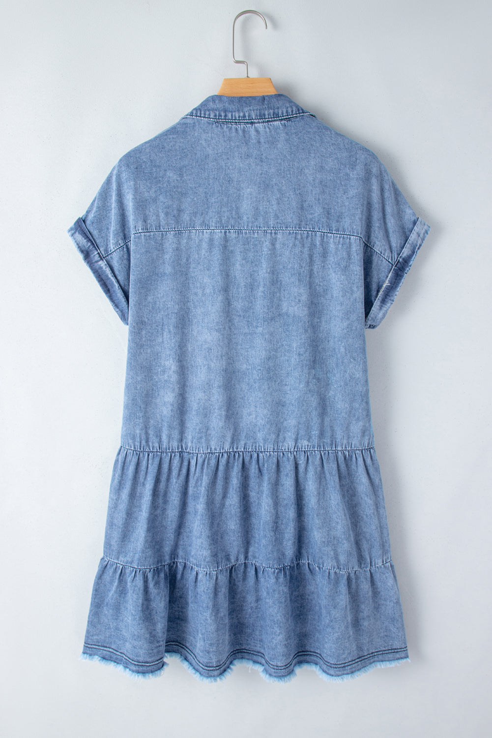 Sky Blue Denim Acid Wash V Neck Raw Hem Short Dress