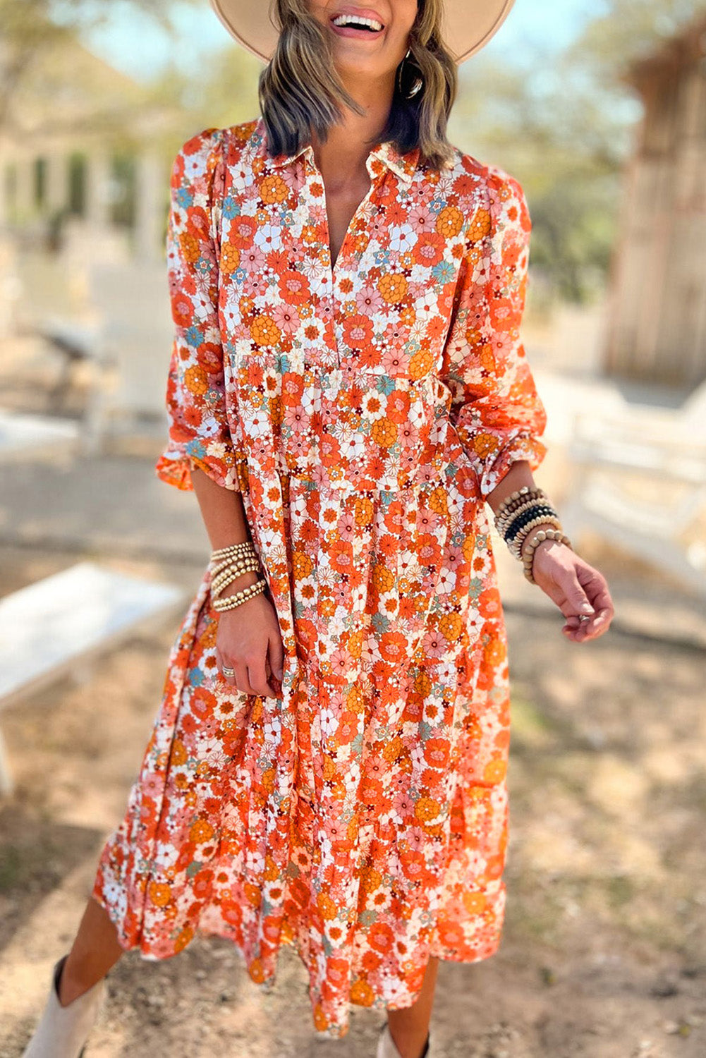 Multicolor Boho Floral Collared Long Sleeve Dress