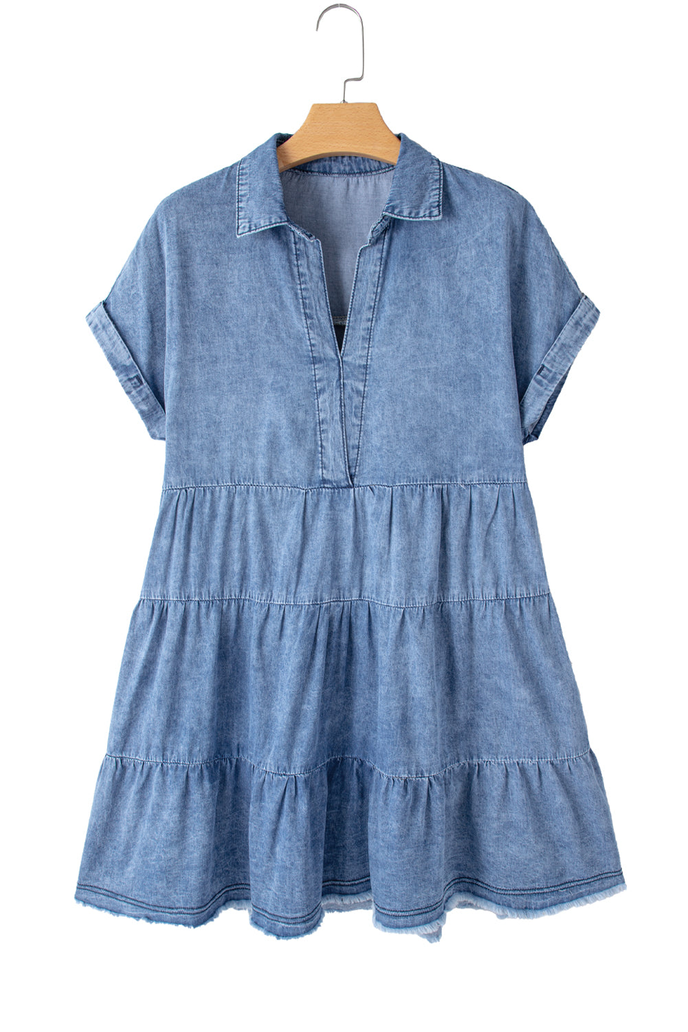 Sky Blue Denim Acid Wash V Neck Raw Hem Short Dress