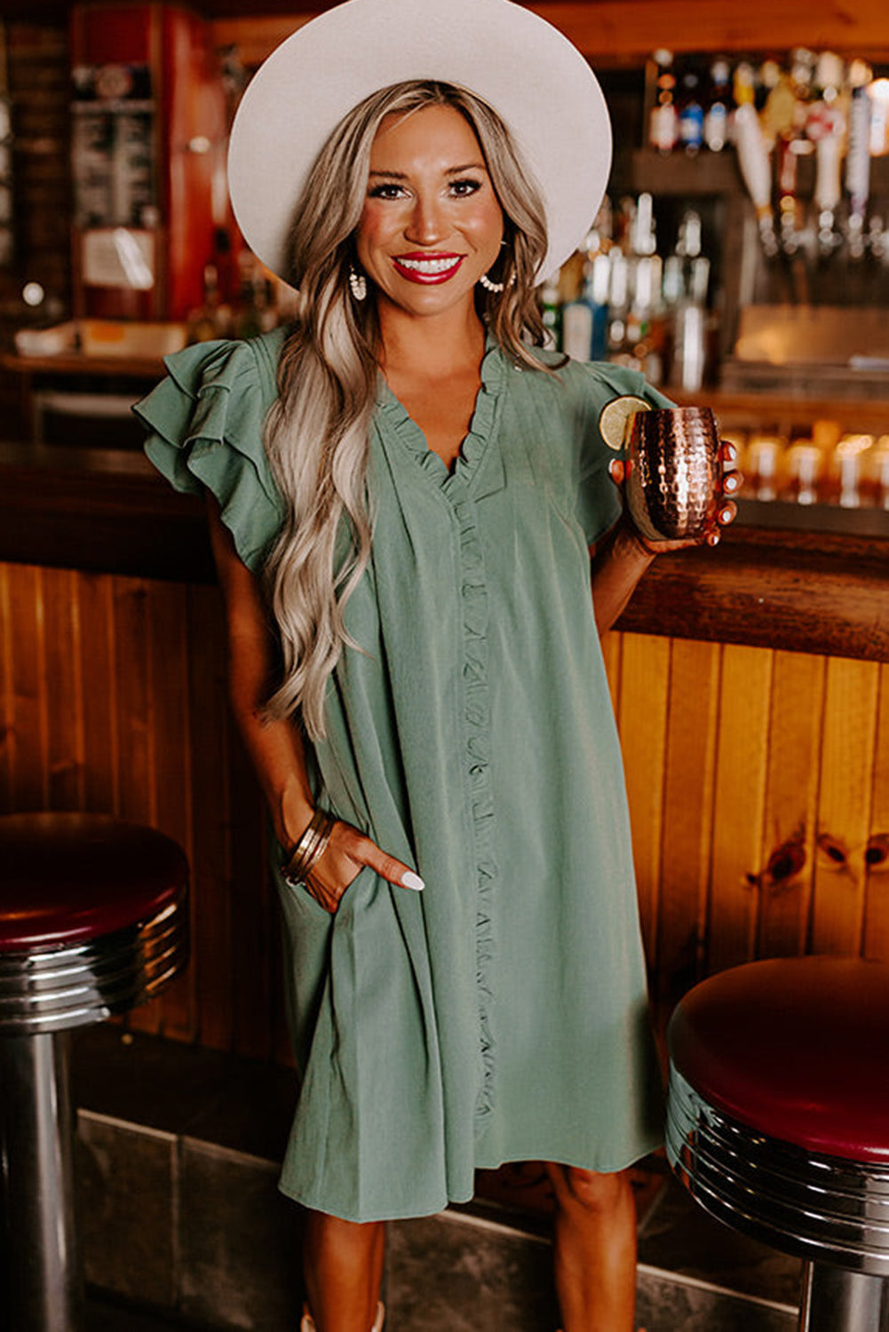 Black Ruffle Sleeve V Neck Frilled Shift Dress