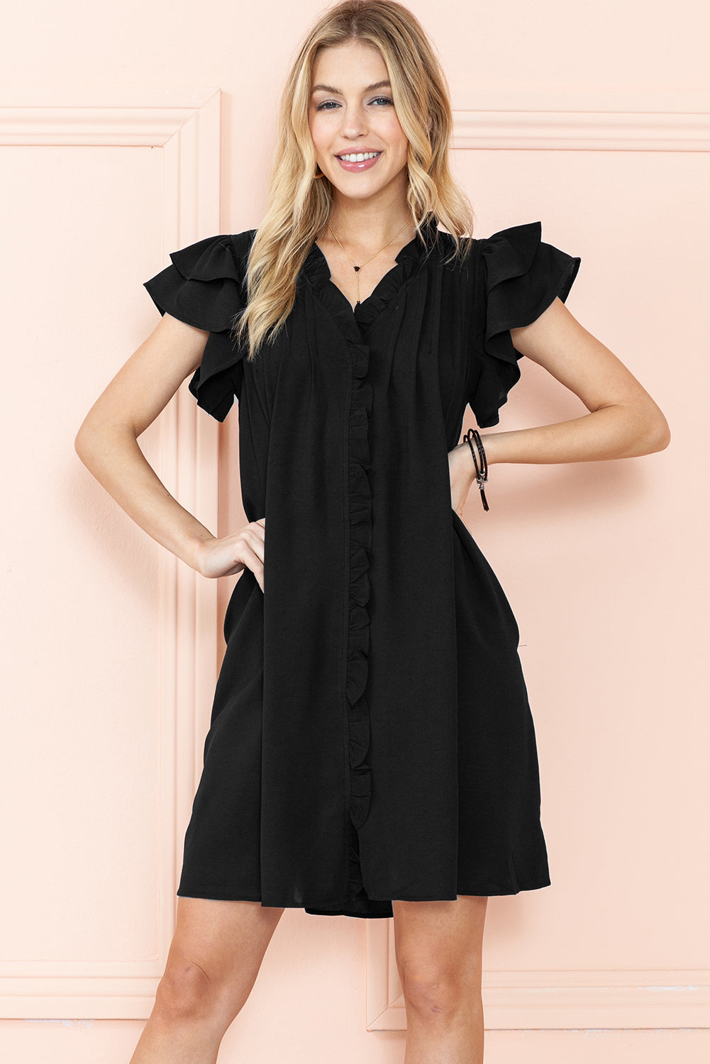 Black Ruffle Sleeve V Neck Frilled Shift Dress