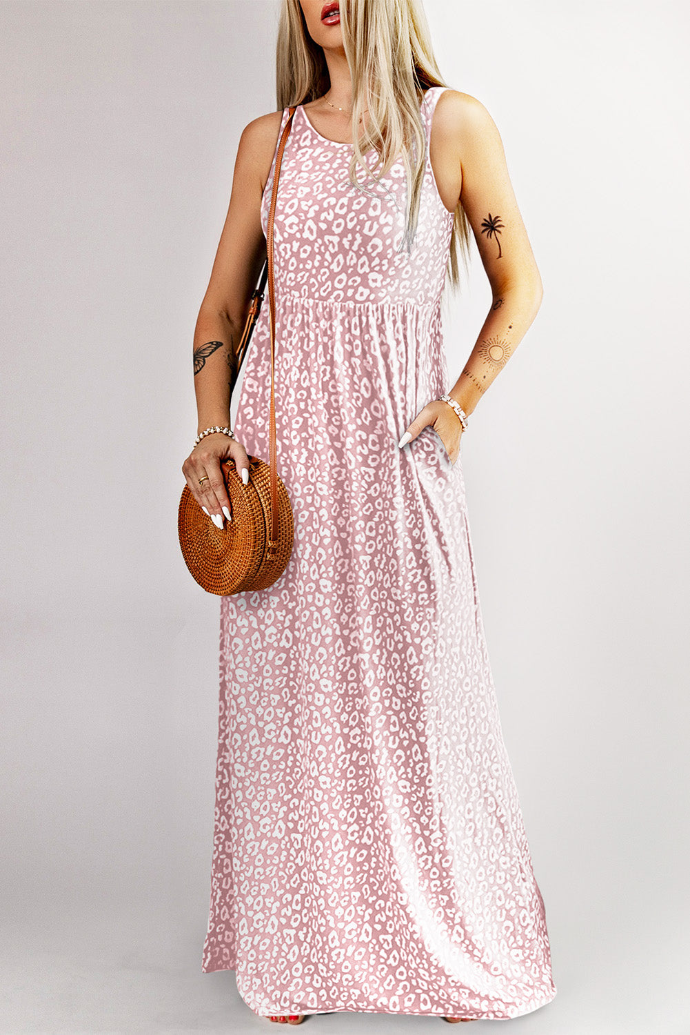 Pink Sleeveless Floor Length Leopard Print Dress with Pockets