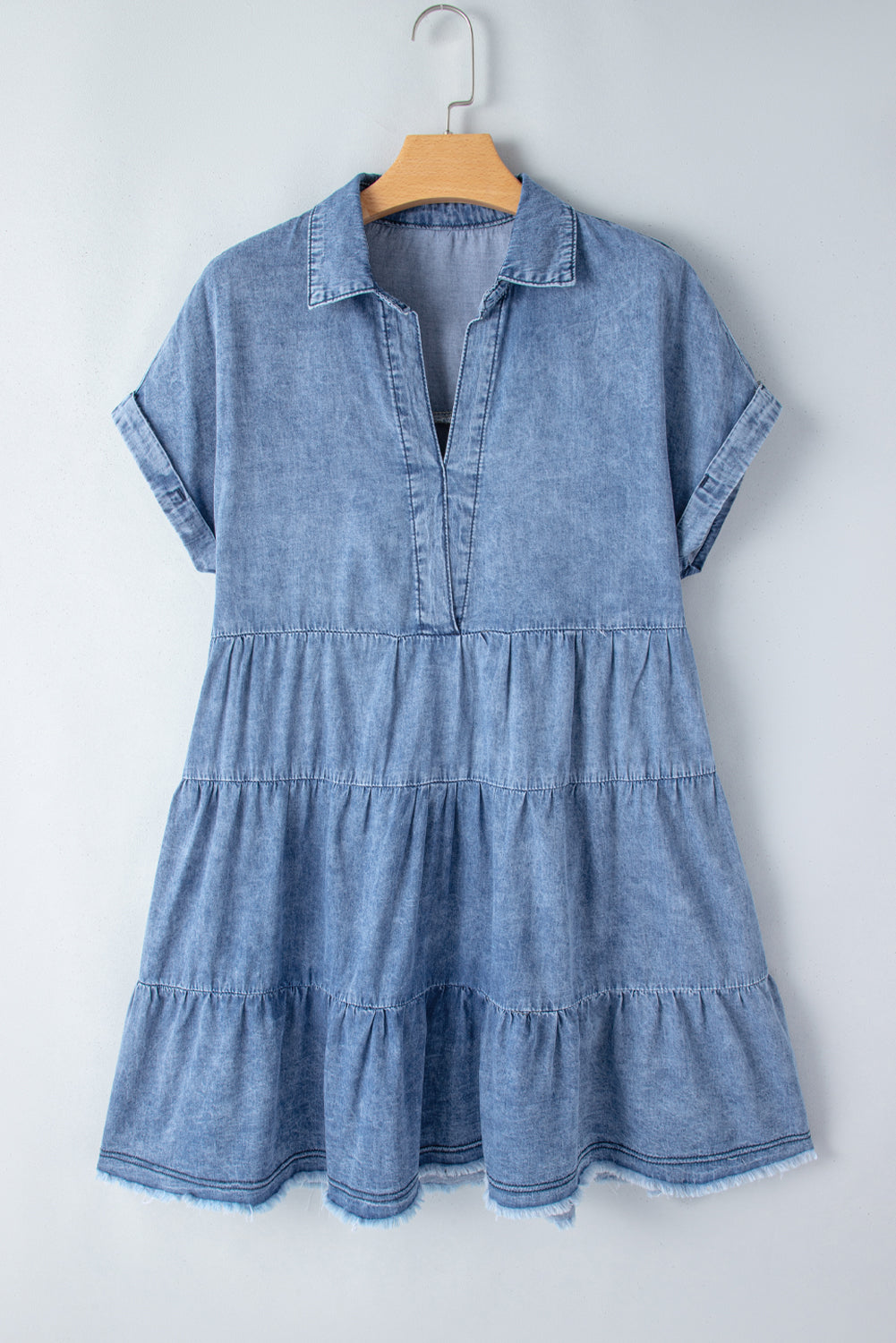 Sky Blue Denim Acid Wash V Neck Raw Hem Short Dress