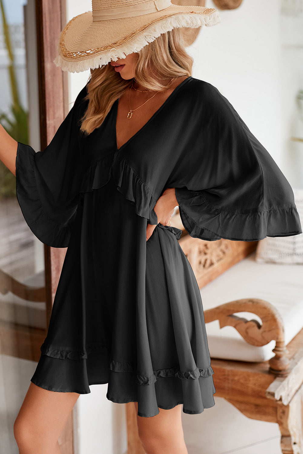 Black Ruffled 3/4 Sleeve V Neck Babydoll Short Dress