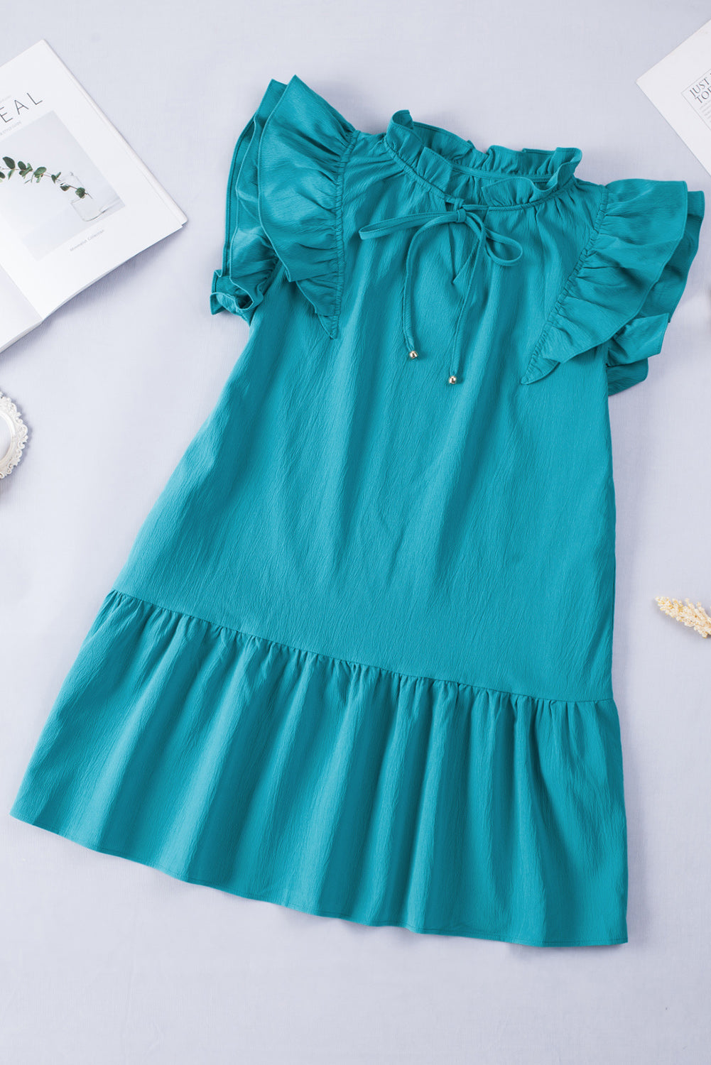 Green Tiered Ruffled Drawstring V Neck Short Dress With Pockets