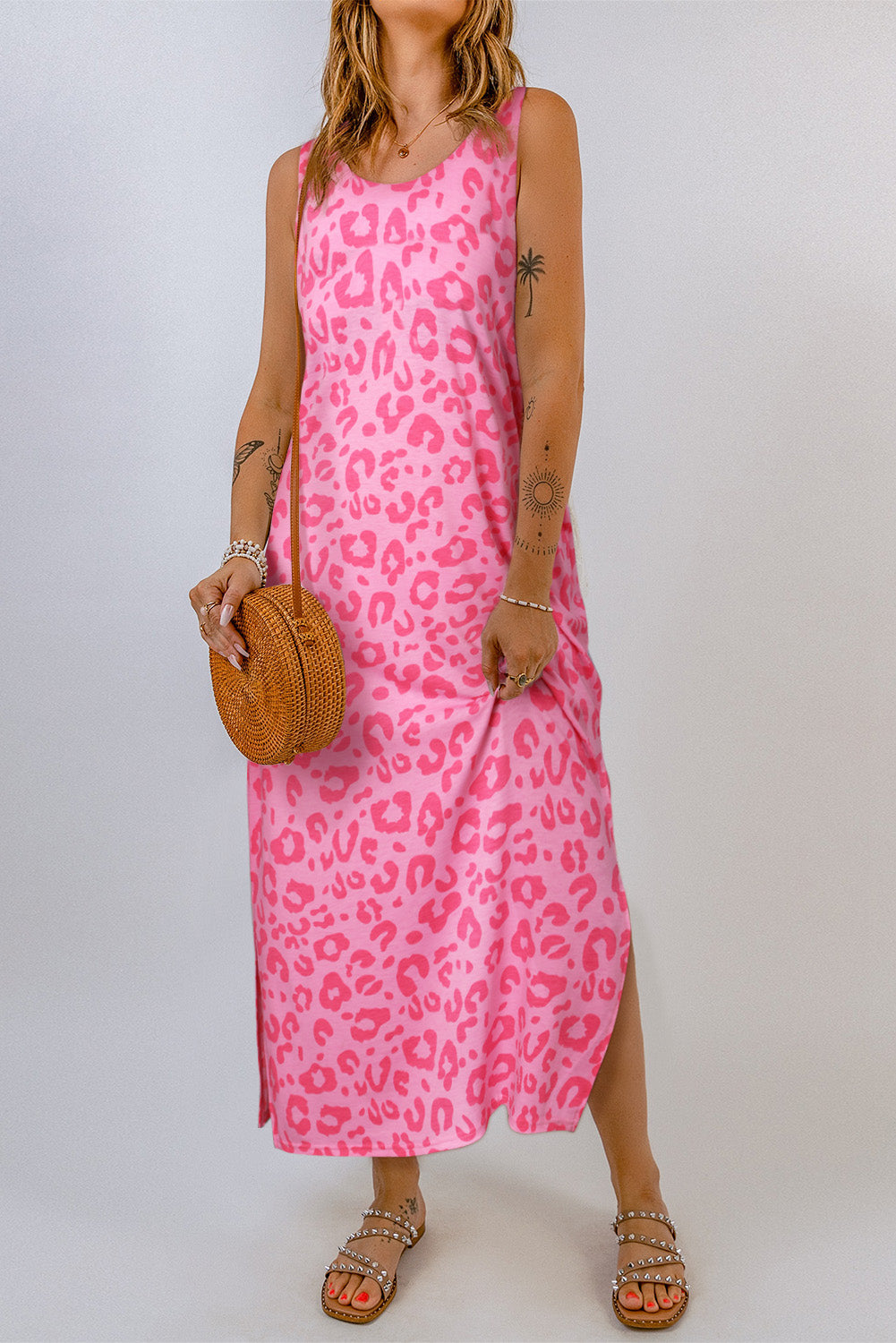 Gray Casual Leopard Print Side Slits Tank Maxi Dress