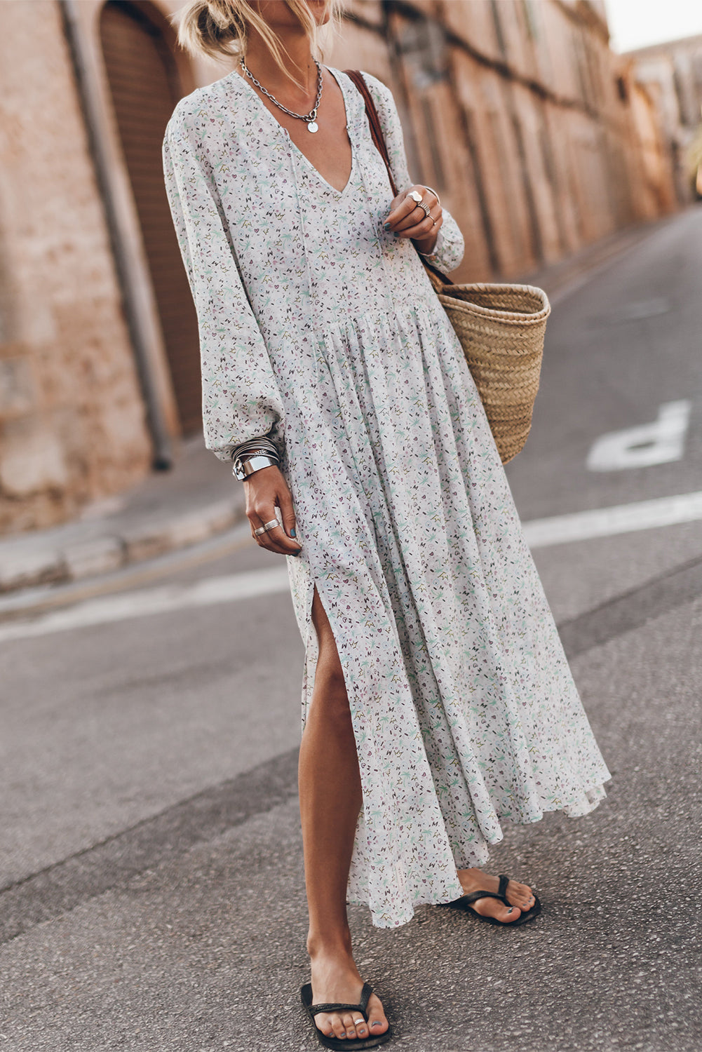 Multicolor Floral V Neck Slits Maxi Dress