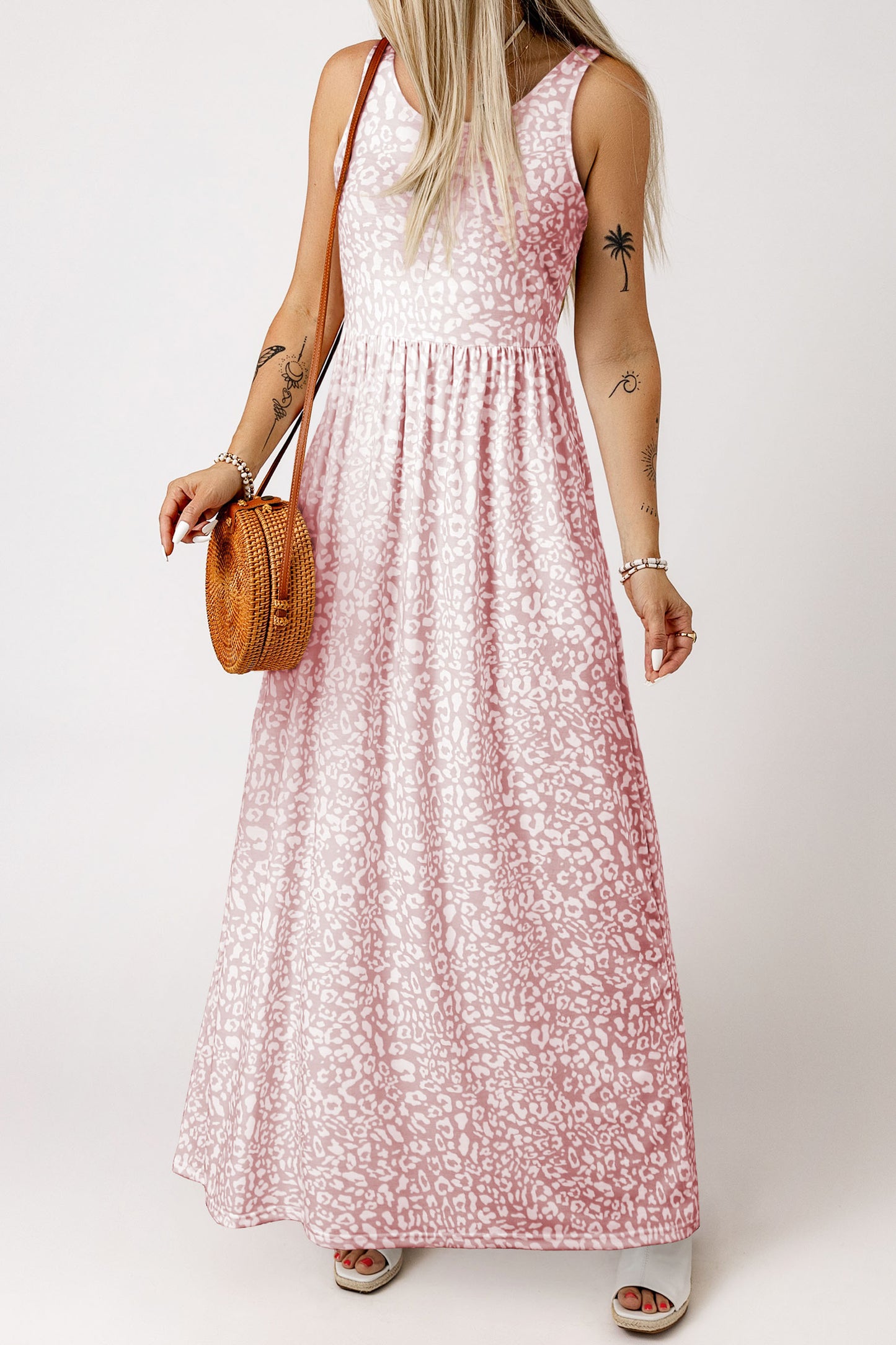 Pink Sleeveless Floor Length Leopard Print Dress with Pockets