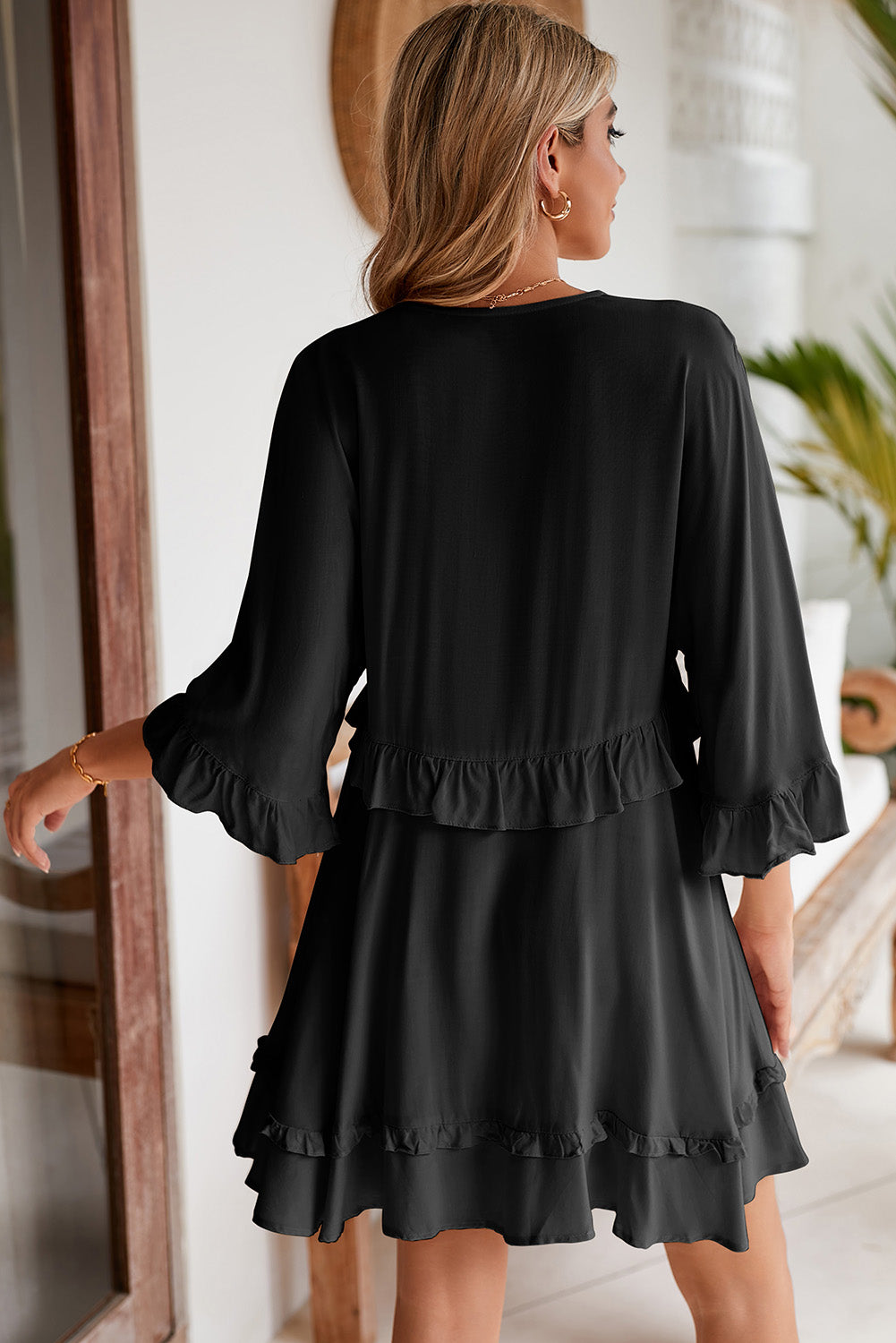 Black Ruffled 3/4 Sleeve V Neck Babydoll Short Dress