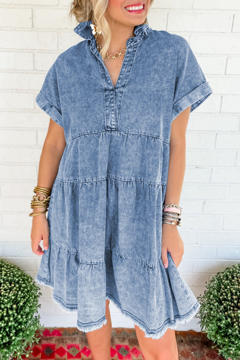 Sky Blue Denim Acid Wash V Neck Raw Hem Short Dress