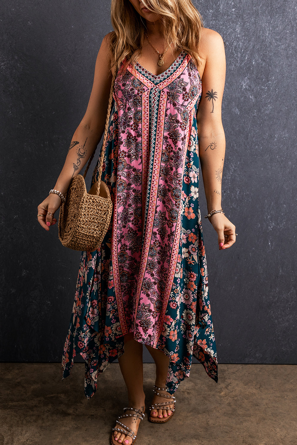 Pink Bohemian Floral Patchwork Print Midi Sundress