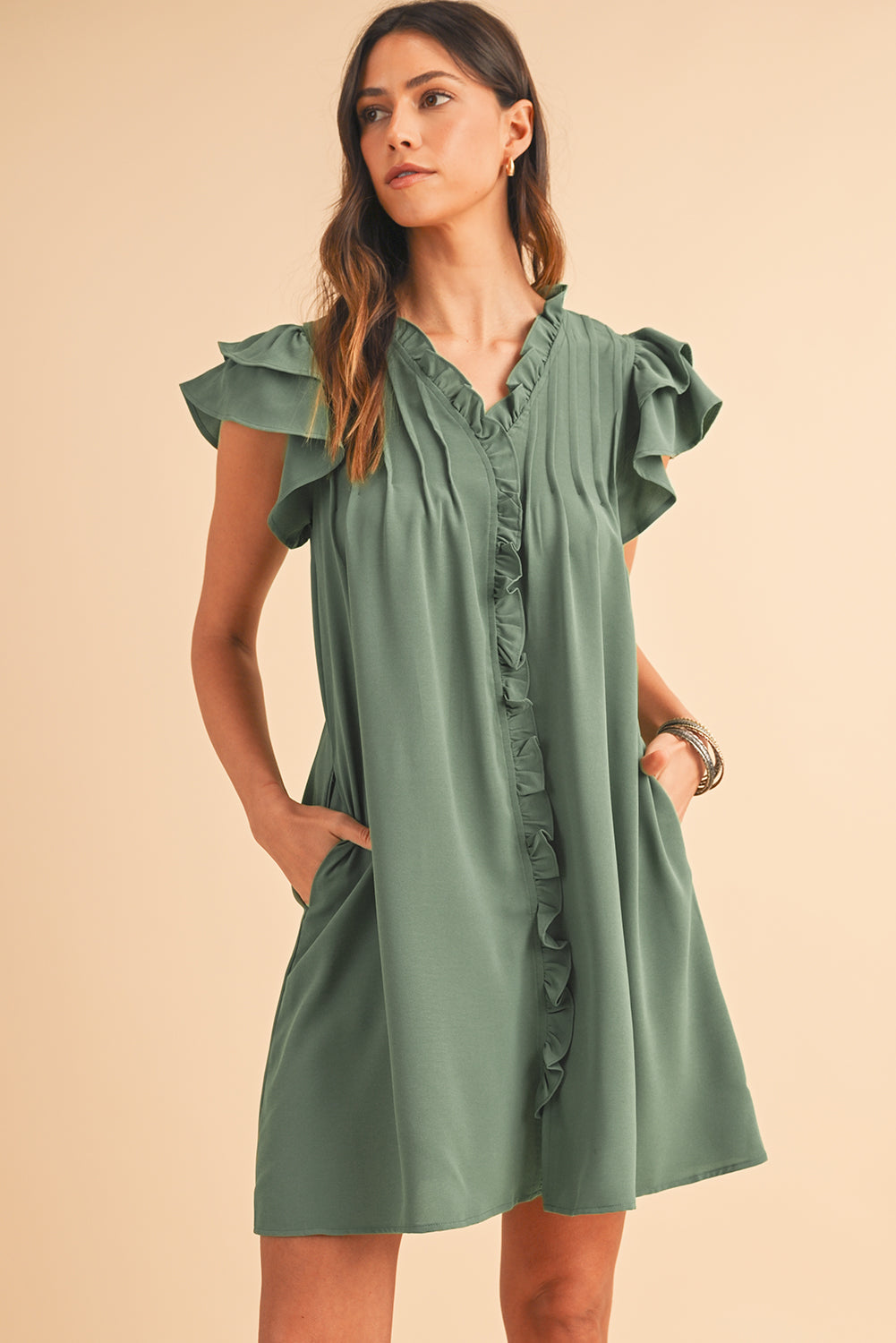 Black Ruffle Sleeve V Neck Frilled Shift Dress